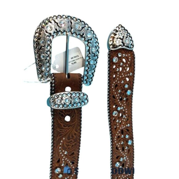 Justin Western Style Leather Belt With Silver Rhinestone Buckle & Floral Cutouts - Picture 9 of 10